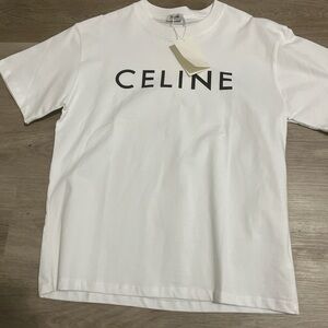 Celine White Cotton Crewneck Tee with Black Logo